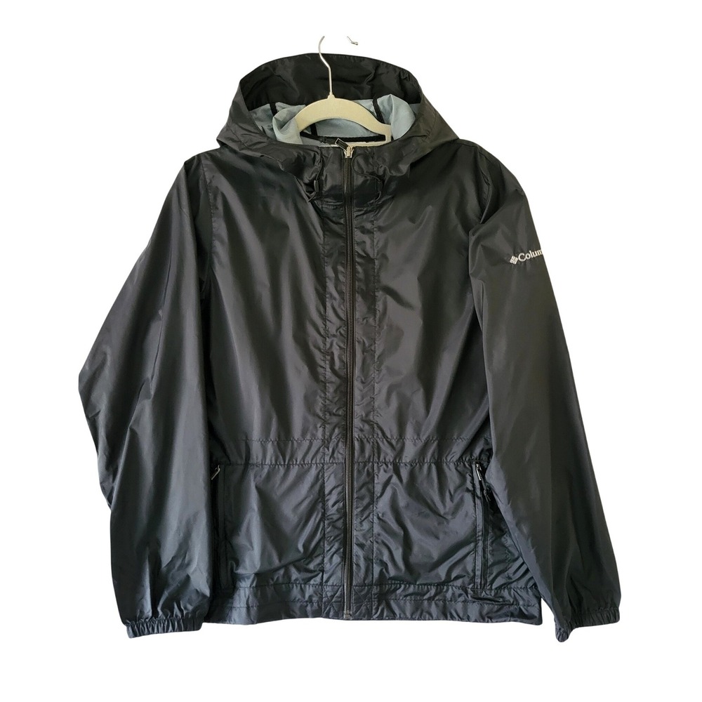 Columbia Windbreaker Jacket Women Medium Black Hood Rain Zip Pockets Lightweight